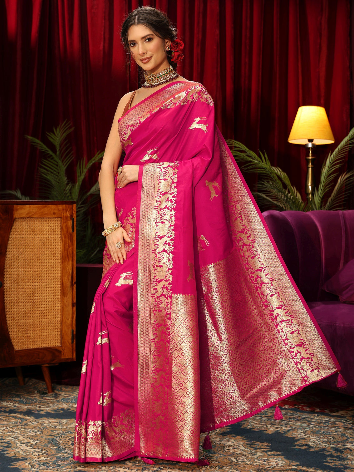 Mameraa Rani Pink Deer Motif Kanjeevaram Silk Blend Saree