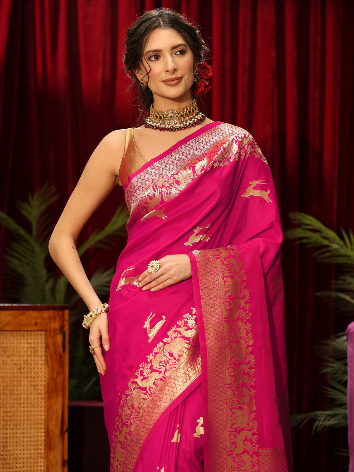 Mameraa Rani Pink Deer Motif Kanjeevaram Silk Blend Saree