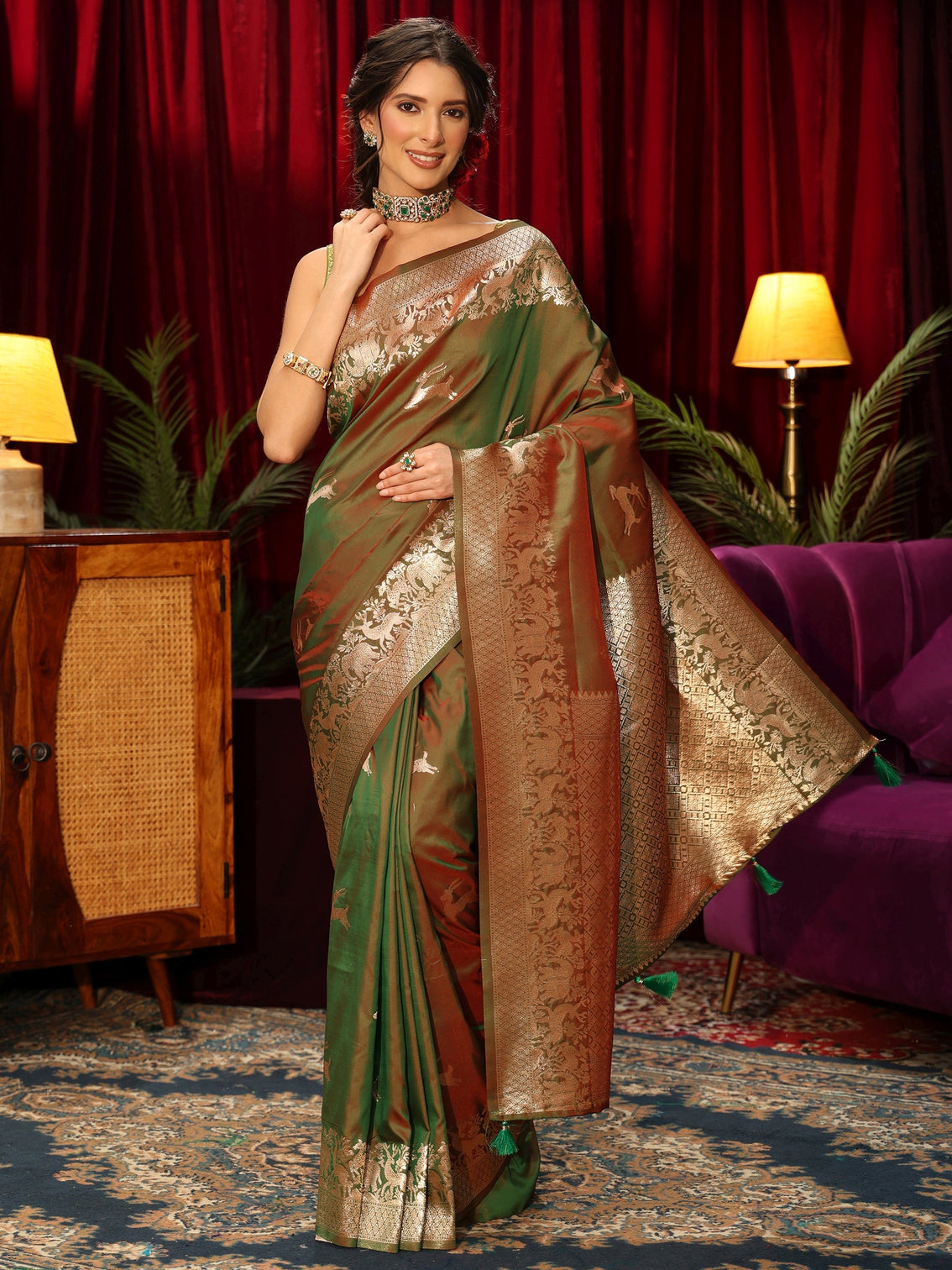 Mameraa Green Deer Motif Kanjeevaram Silk Blend Saree