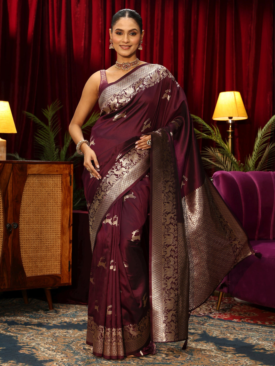Mameraa Wine Deer Motif Kanjeevaram Silk Blend Saree