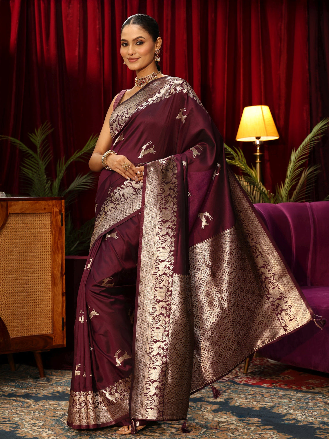 Mameraa Wine Deer Motif Kanjeevaram Silk Blend Saree