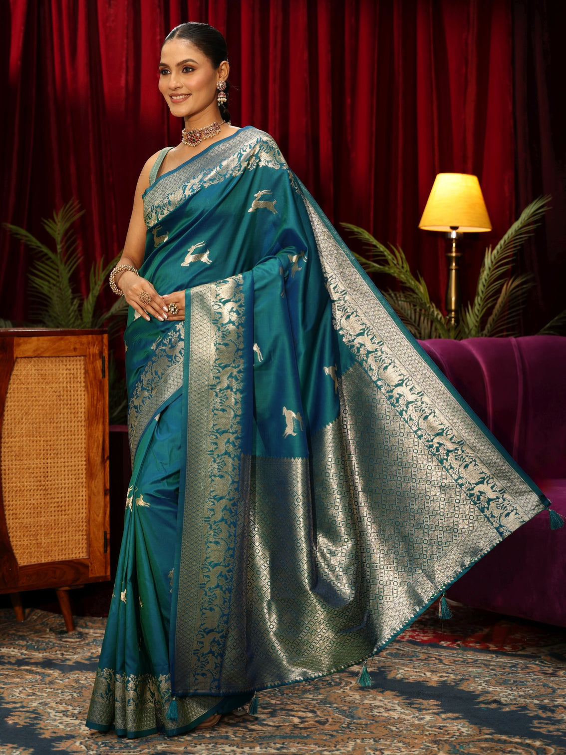 Mameraa Teal Green Deer Motif Kanjeevaram Silk Blend Saree