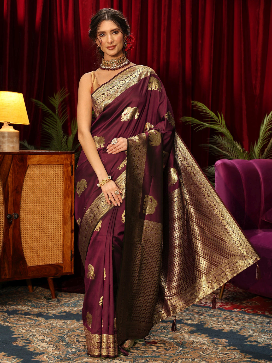 Mameraa Maroon Elephant Motif Kanjeevaram Silk Blend Saree
