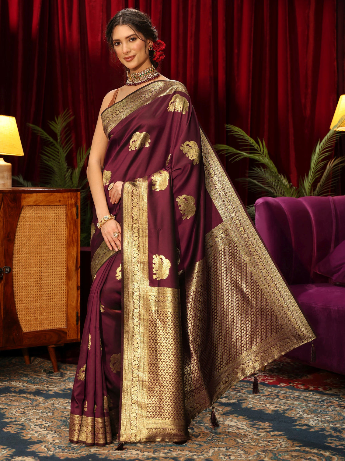 Mameraa Maroon Elephant Motif Kanjeevaram Silk Blend Saree
