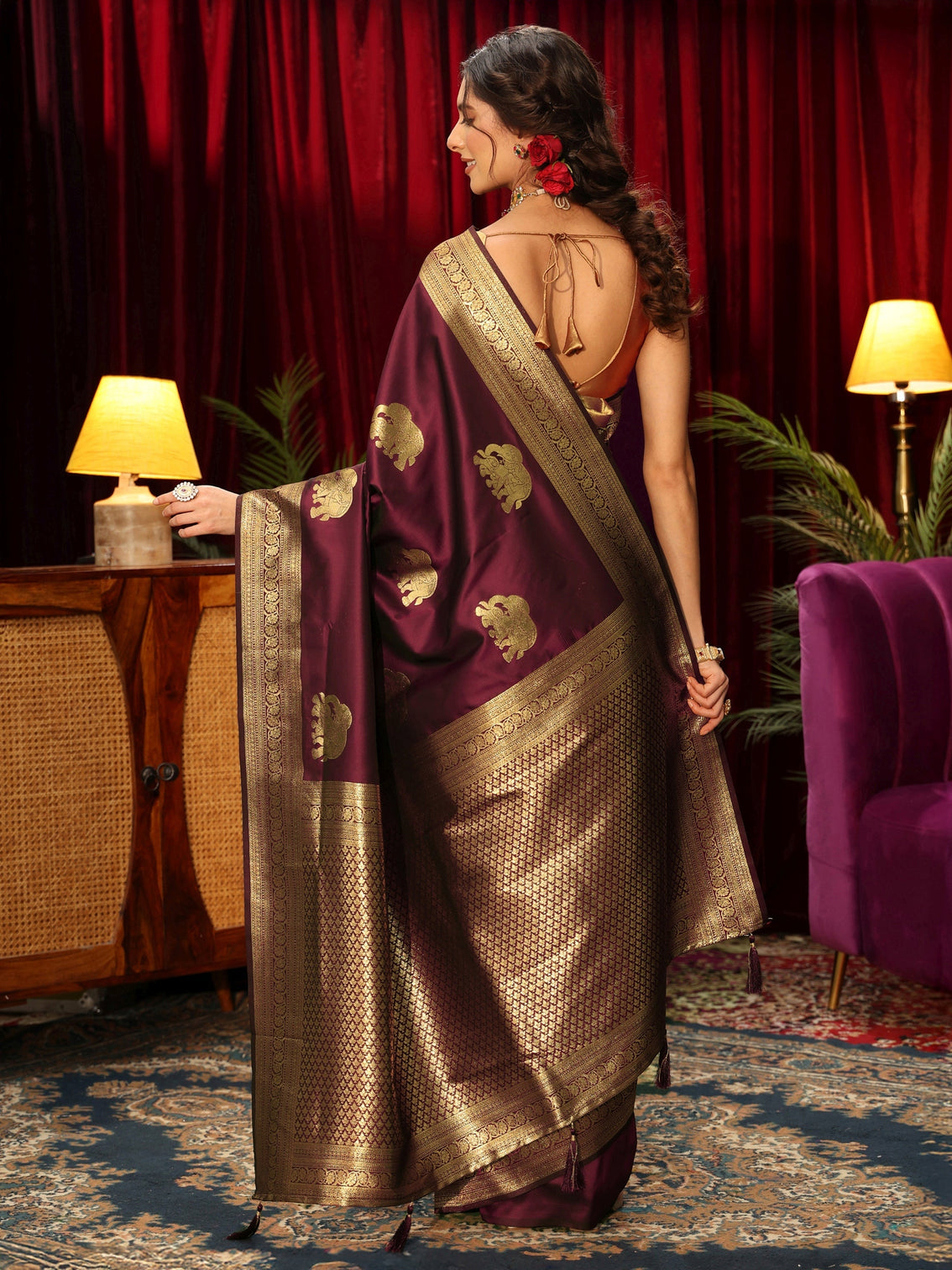 Mameraa Maroon Elephant Motif Kanjeevaram Silk Blend Saree