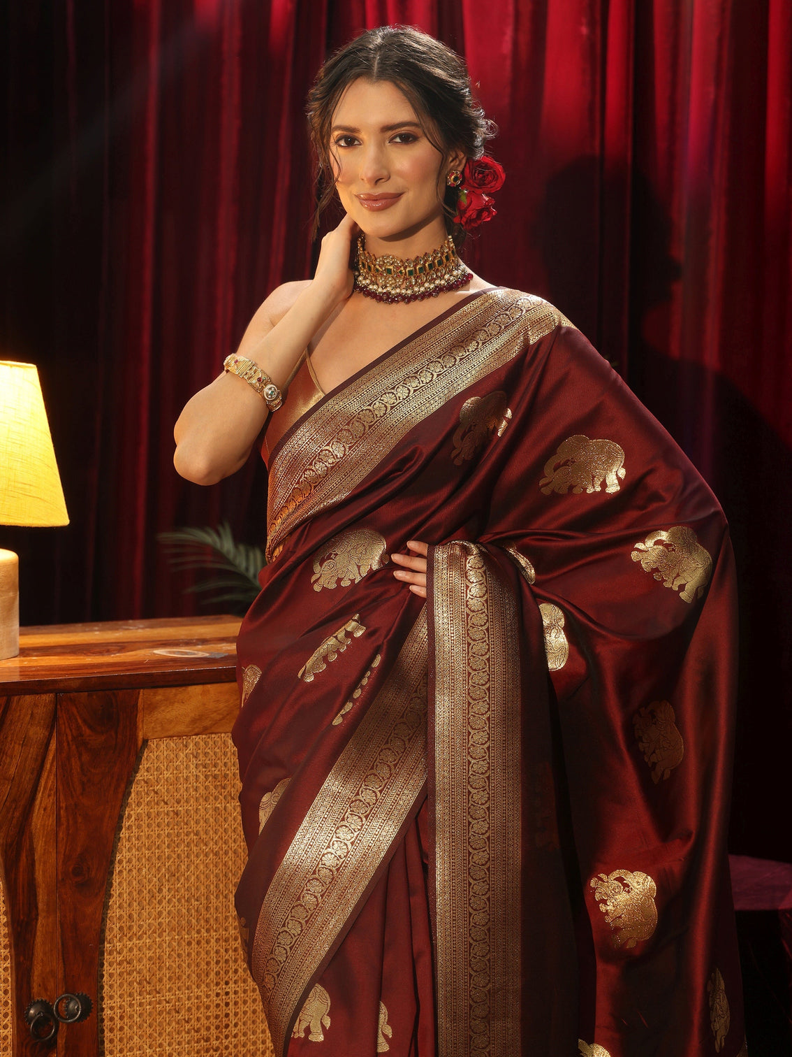 Mameraa Maroon Elephant Motif Kanjeevaram Silk Blend Saree