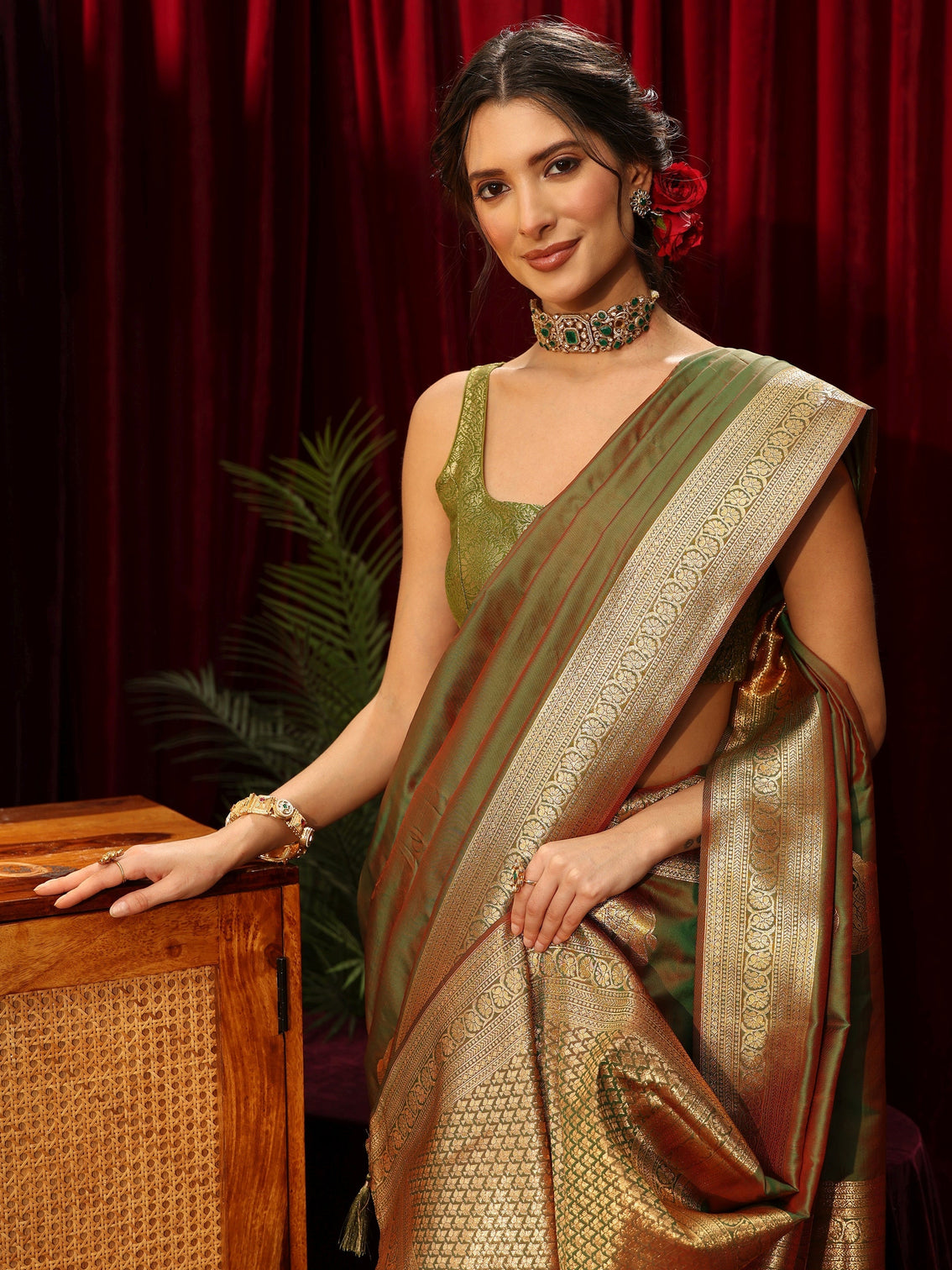 Mameraa Green Elephant Motif Kanjeevaram Silk Blend Saree