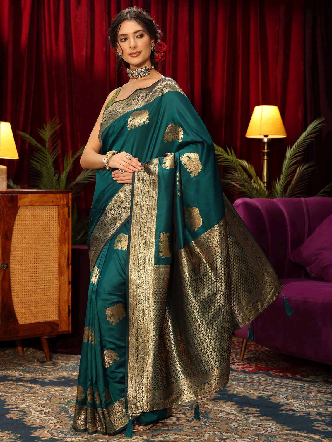 Mameraa Peacock Green Elephant Motif Kanjeevaram Silk Blend Saree
