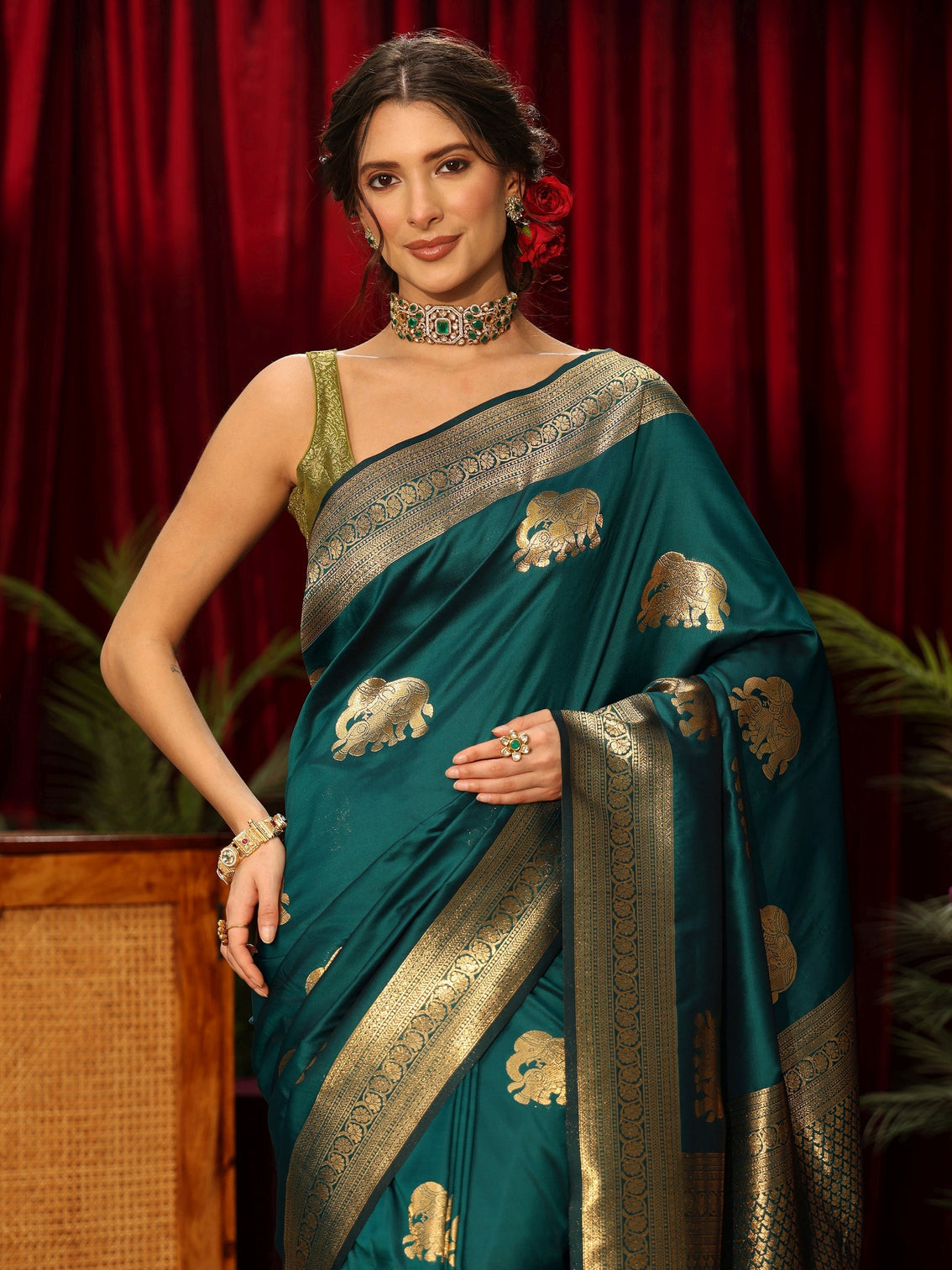 Mameraa Peacock Green Elephant Motif Kanjeevaram Silk Blend Saree