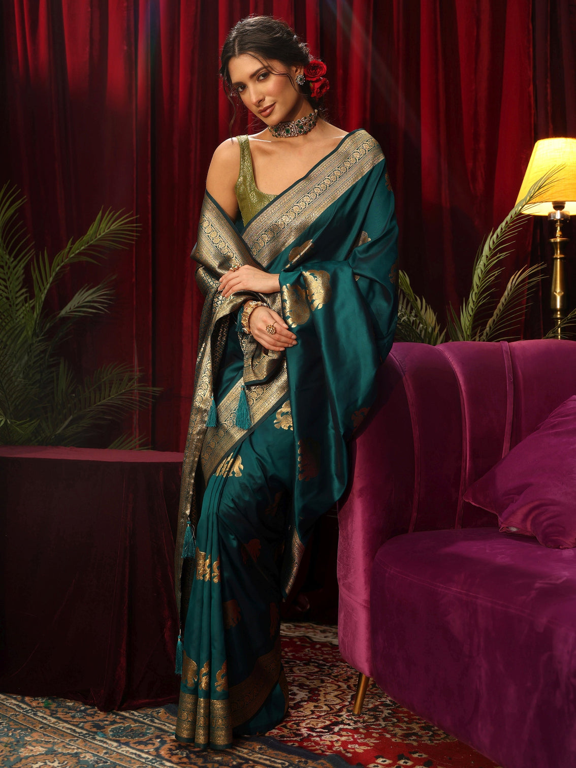 Mameraa Peacock Green Elephant Motif Kanjeevaram Silk Blend Saree