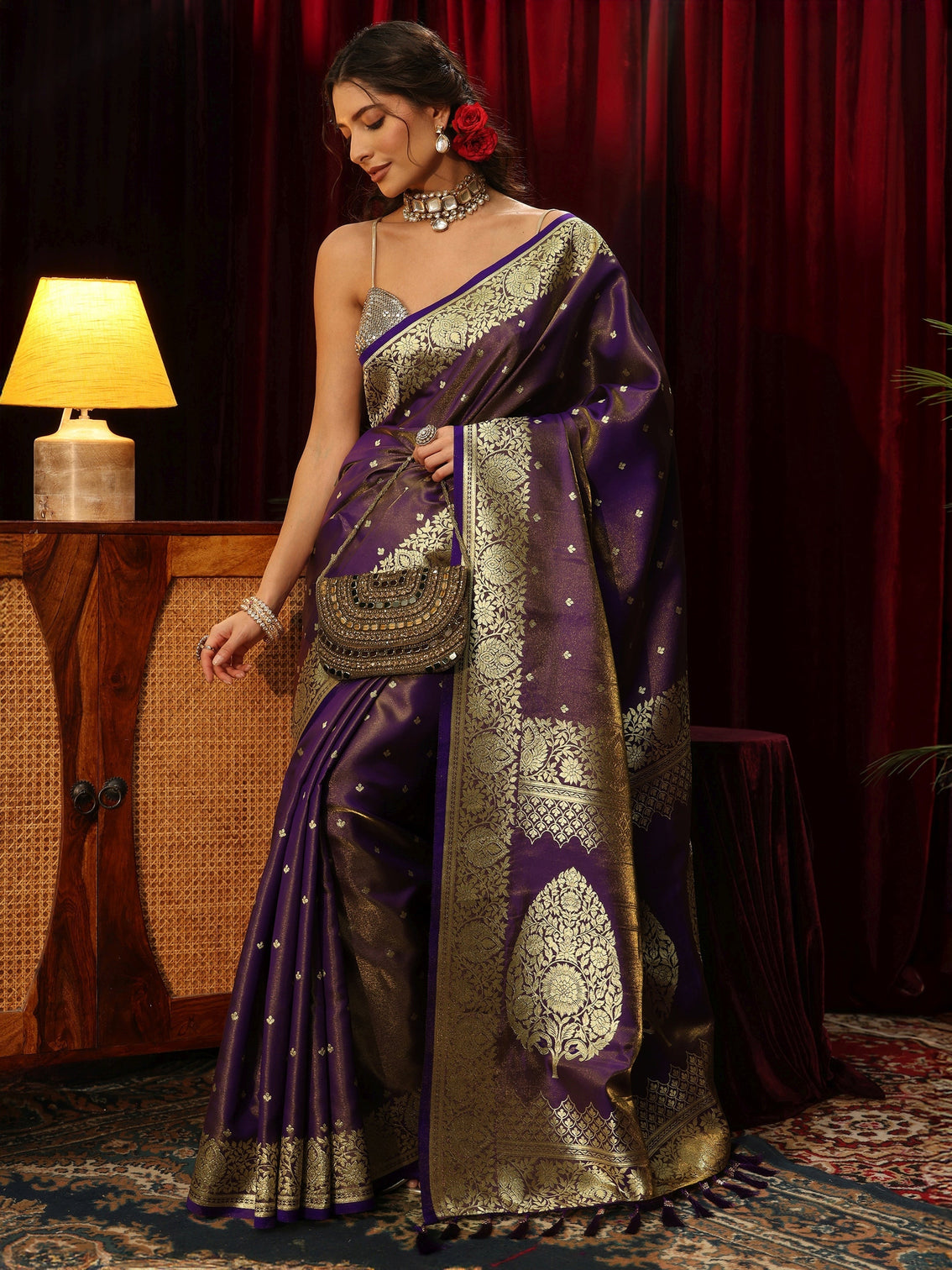 Mameraa Pansy Purple Floral Woven Design Satin Saree