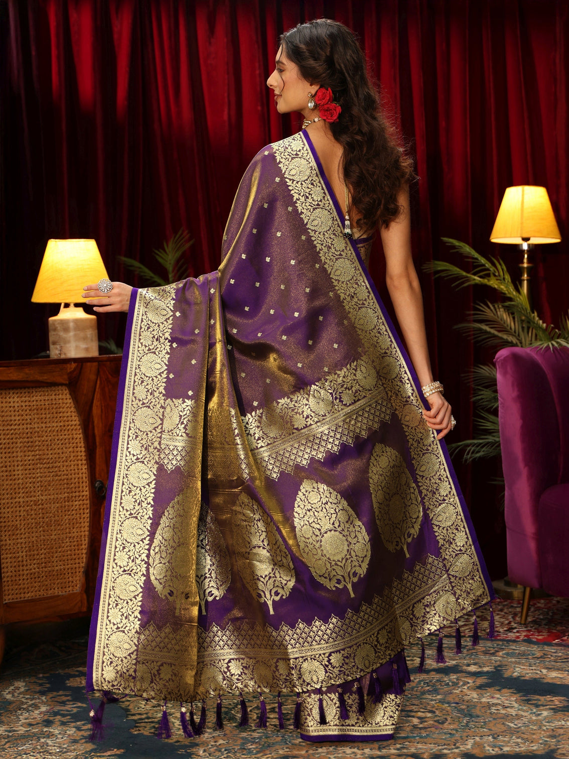 Mameraa Pansy Purple Floral Woven Design Satin Saree