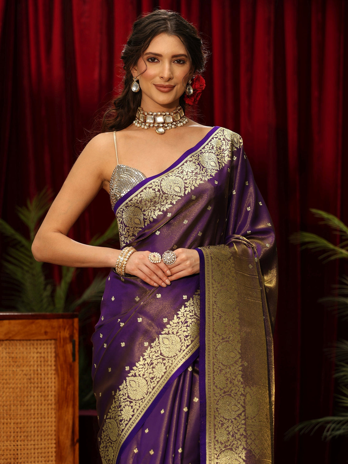 Mameraa Pansy Purple Floral Woven Design Satin Saree