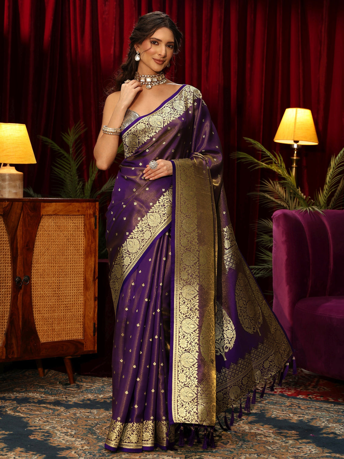 Mameraa Pansy Purple Floral Woven Design Satin Saree