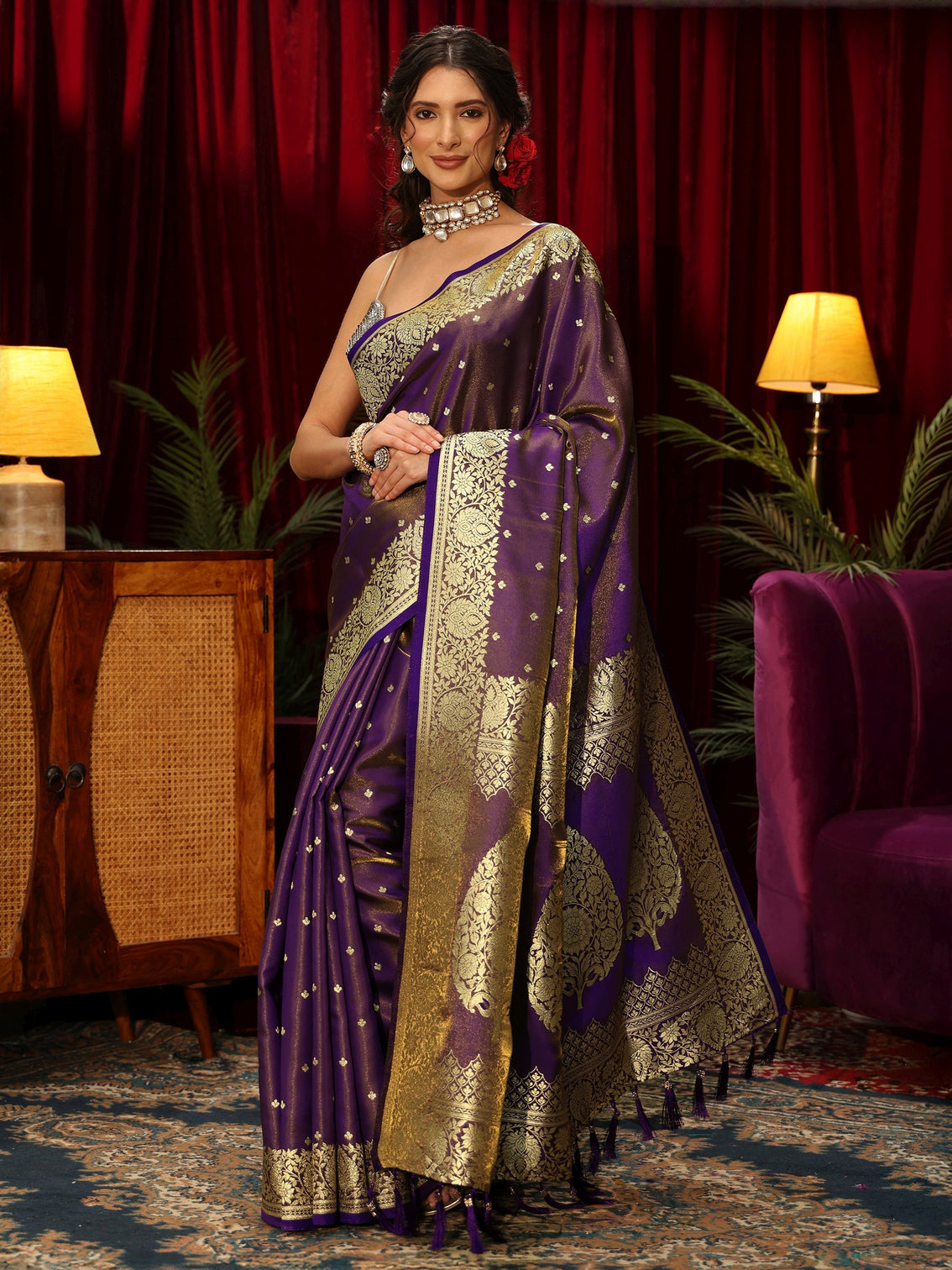 Mameraa Pansy Purple Floral Woven Design Satin Saree
