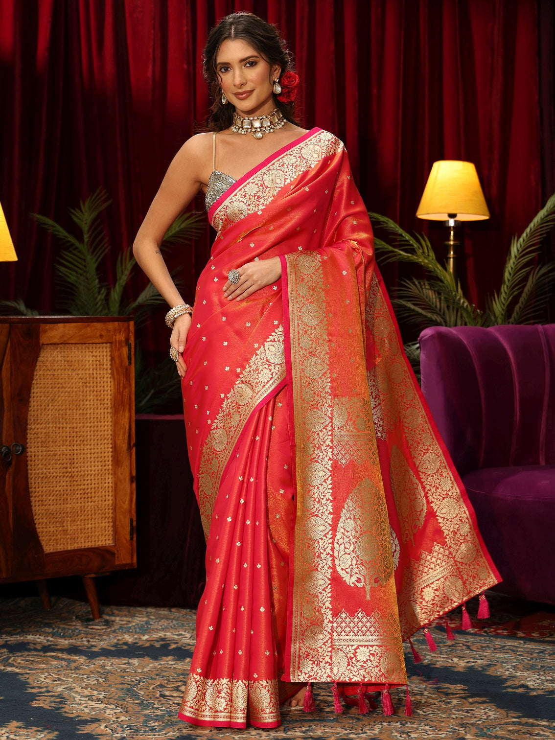 Mameraa Pink Floral Woven Design Satin Saree