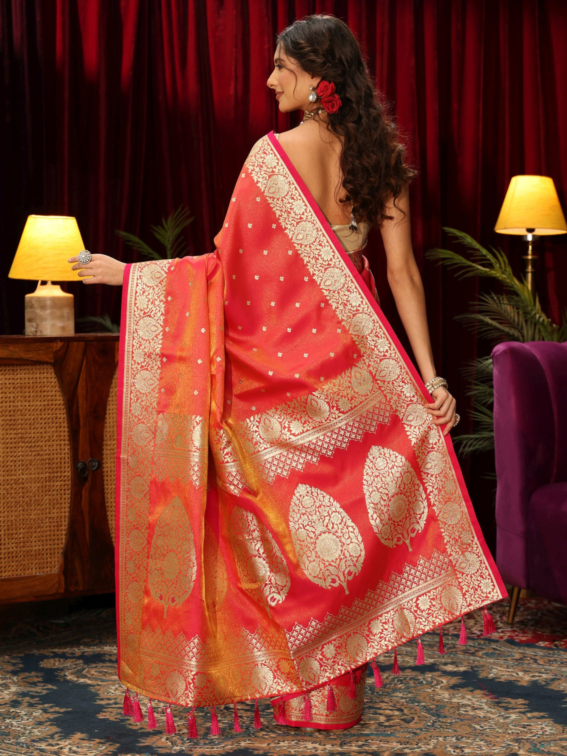 Mameraa Pink Floral Woven Design Satin Saree