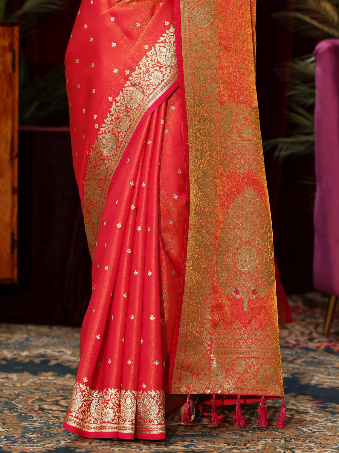 Mameraa Pink Floral Woven Design Satin Saree