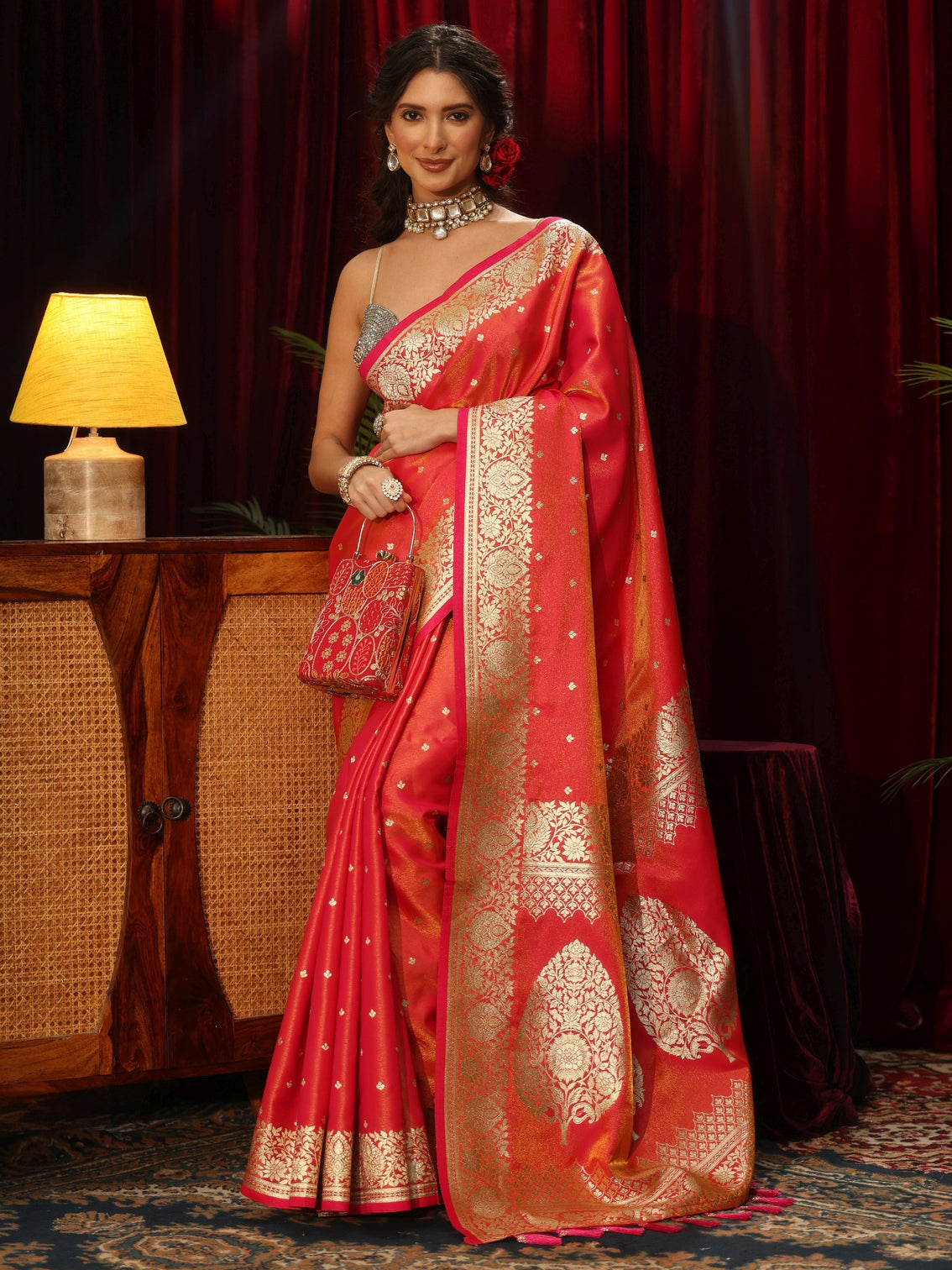 Mameraa Pink Floral Woven Design Satin Saree