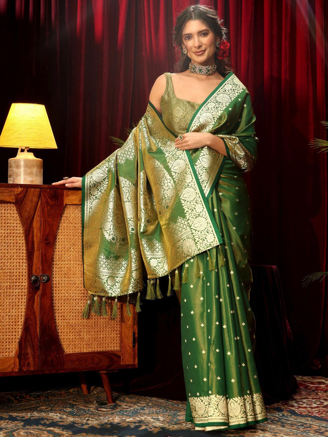Mameraa Forest Green Floral Woven Design Satin Saree