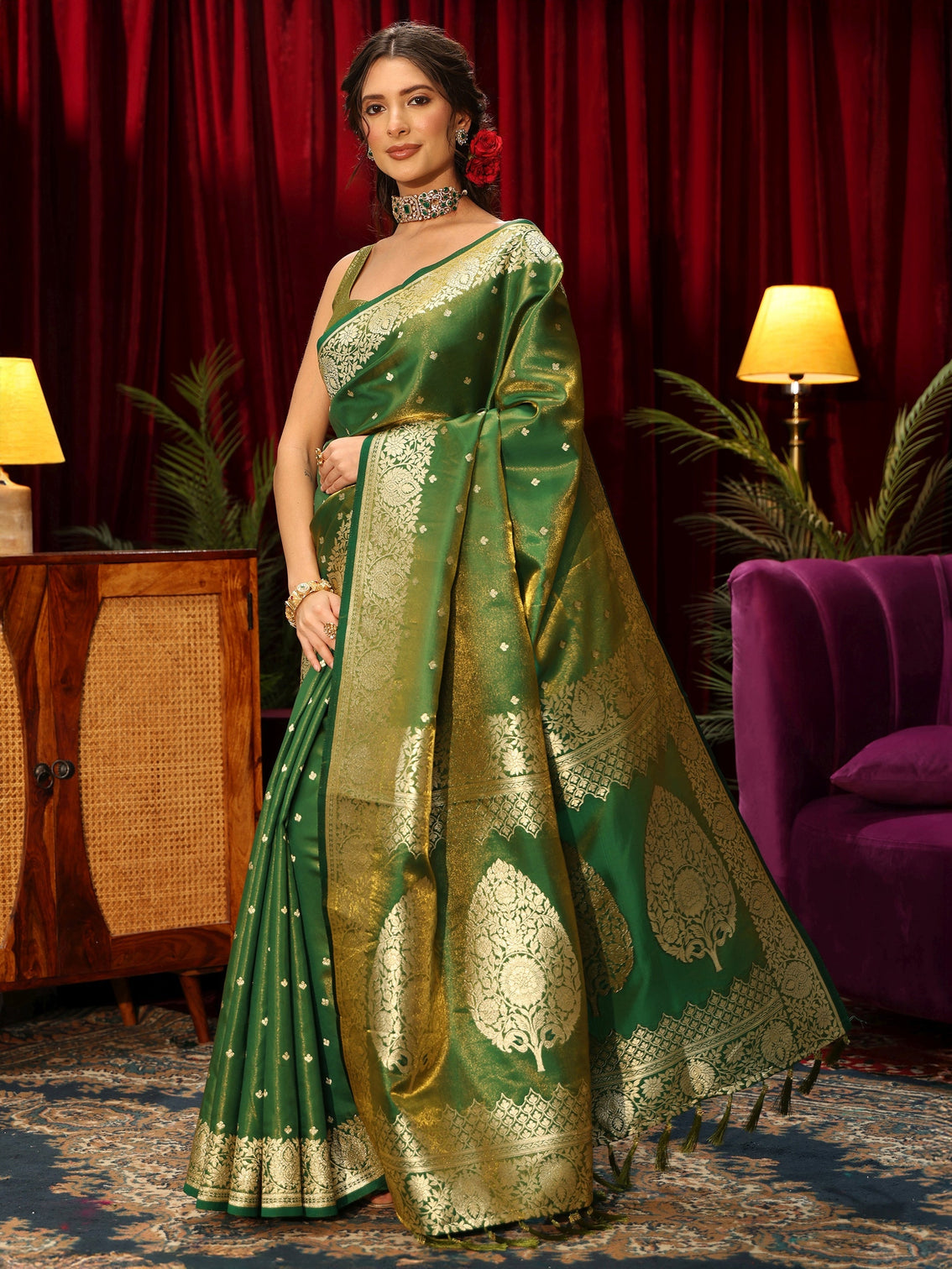 Mameraa Forest Green Floral Woven Design Satin Saree