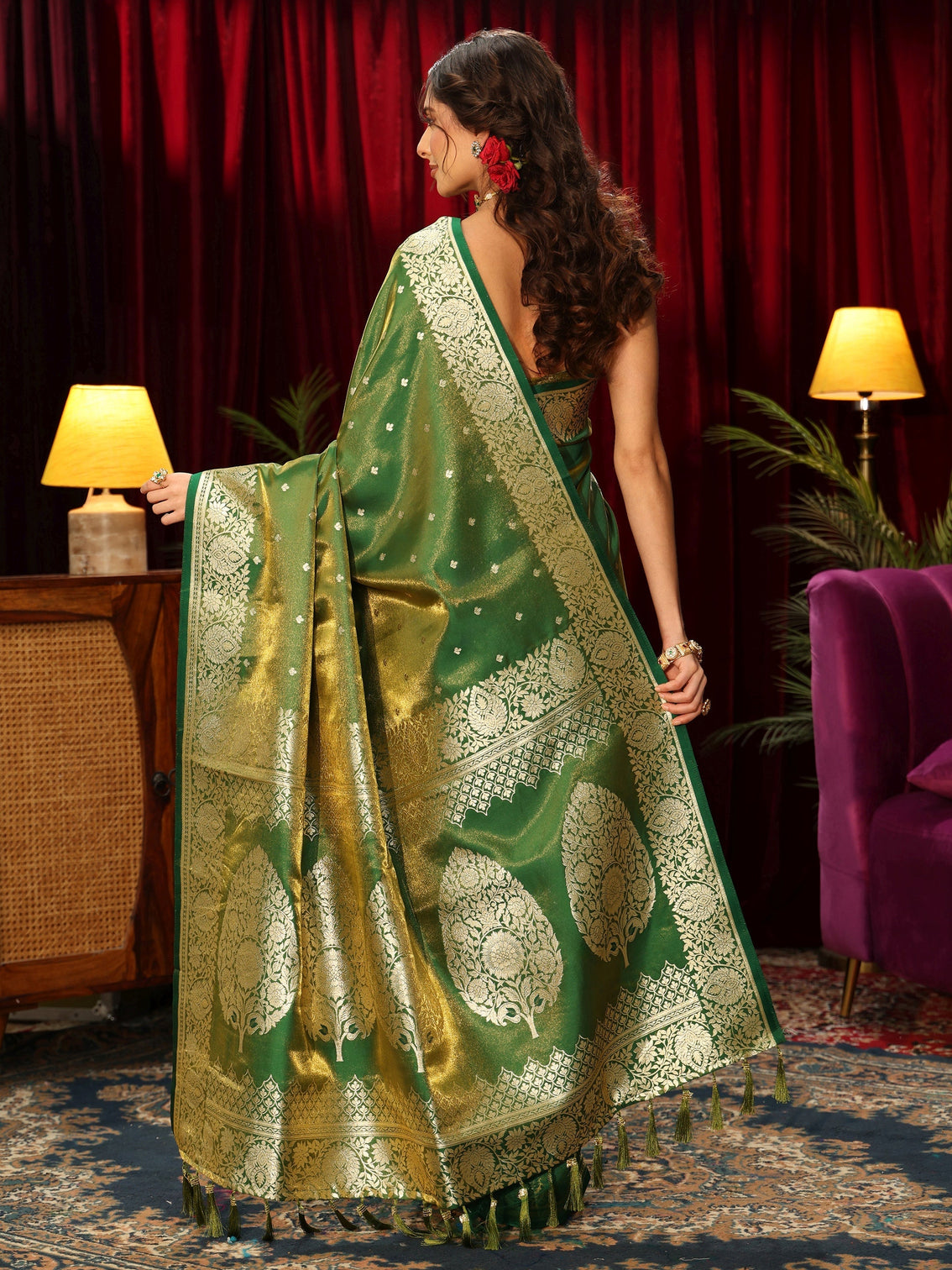 Mameraa Forest Green Floral Woven Design Satin Saree