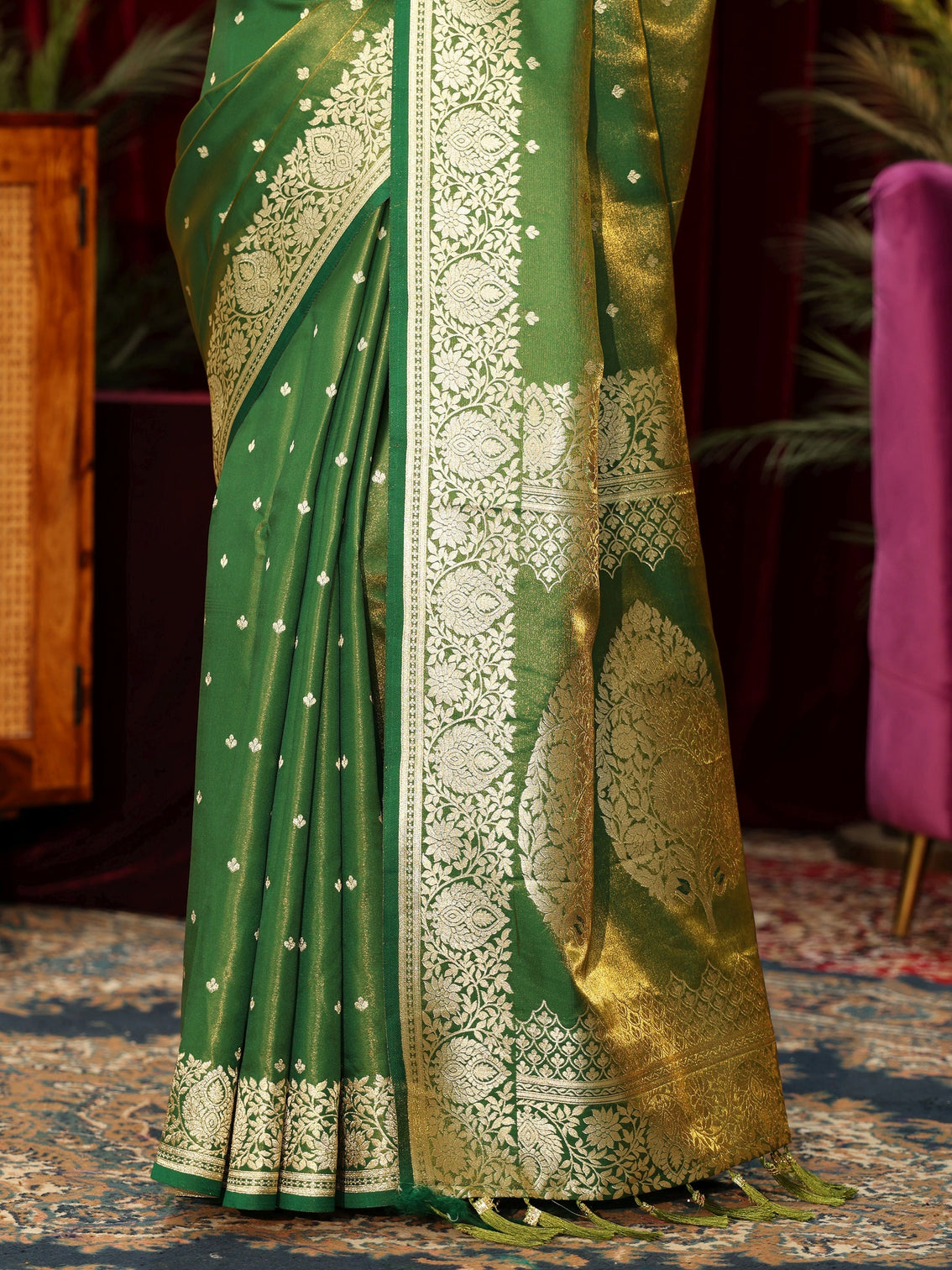 Mameraa Forest Green Floral Woven Design Satin Saree