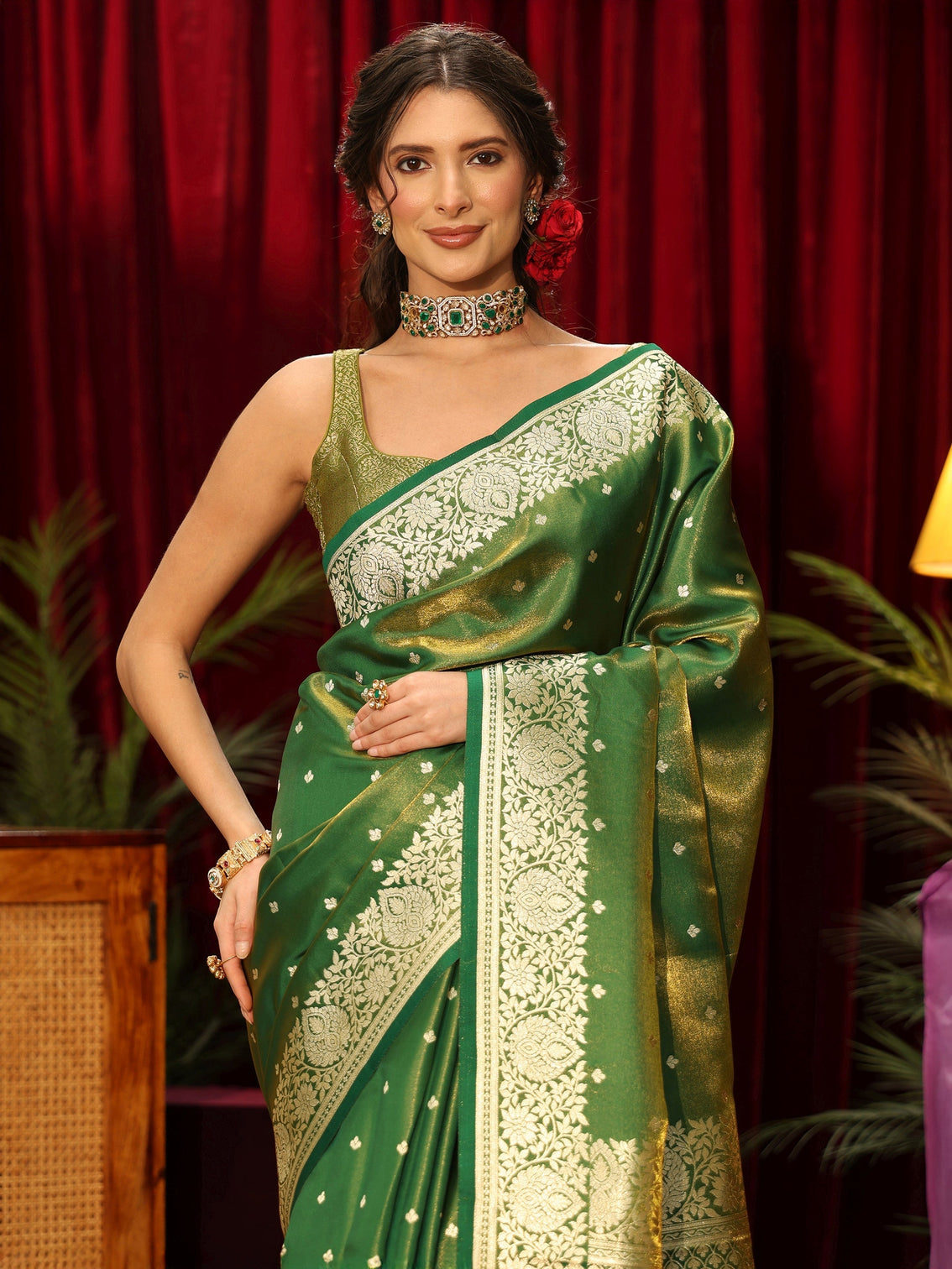 Mameraa Forest Green Floral Woven Design Satin Saree