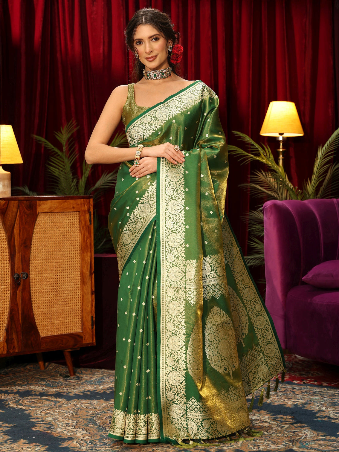 Mameraa Forest Green Floral Woven Design Satin Saree