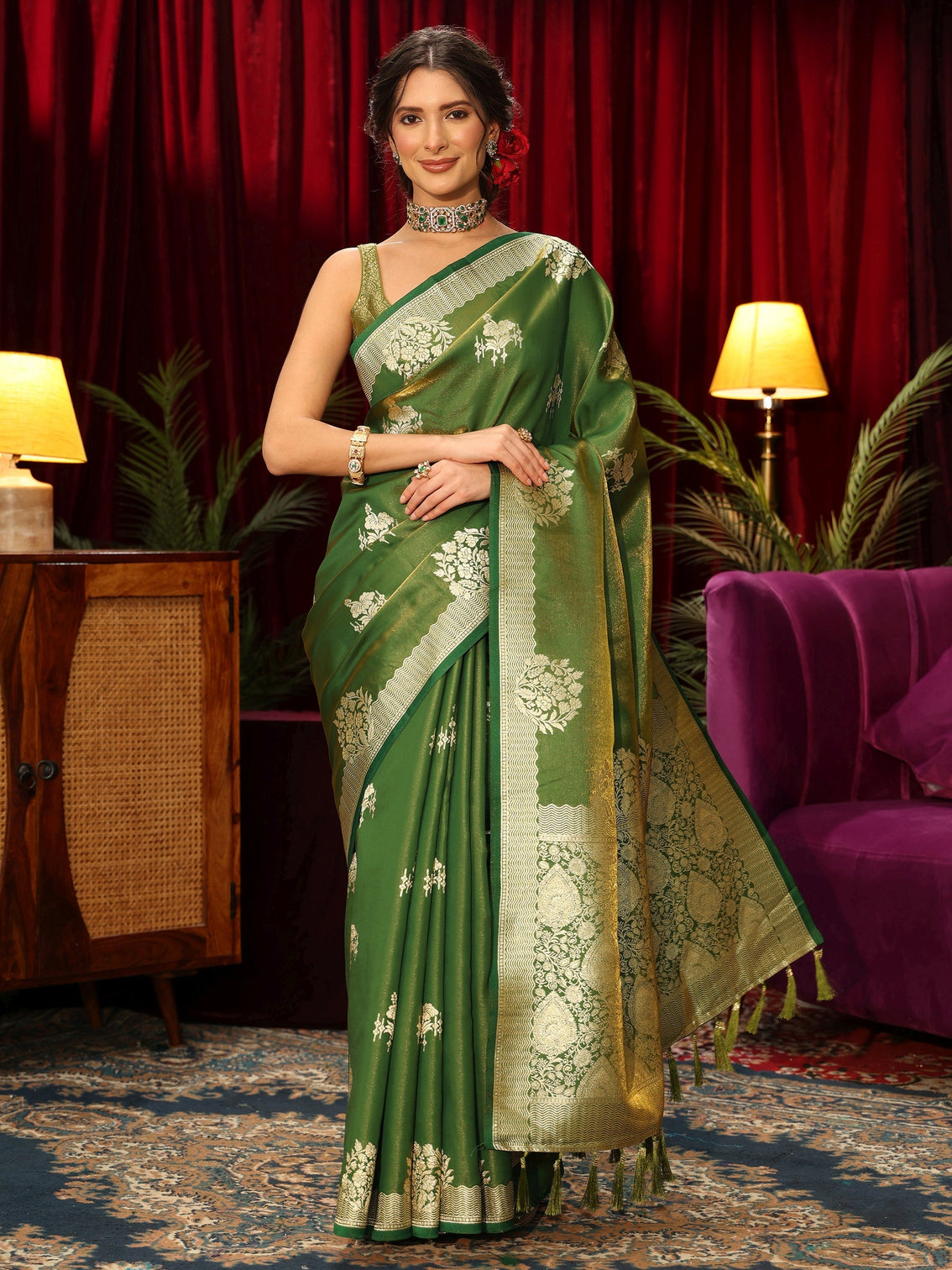 Mameraa Olive Green Floral Woven Design Satin Saree