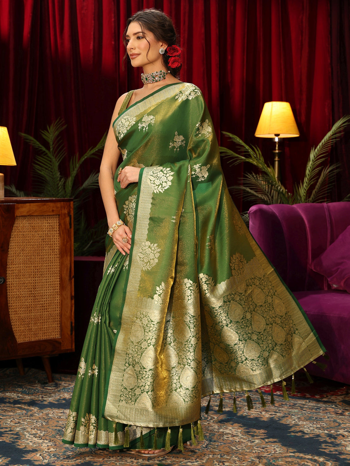 Mameraa Olive Green Floral Woven Design Satin Saree