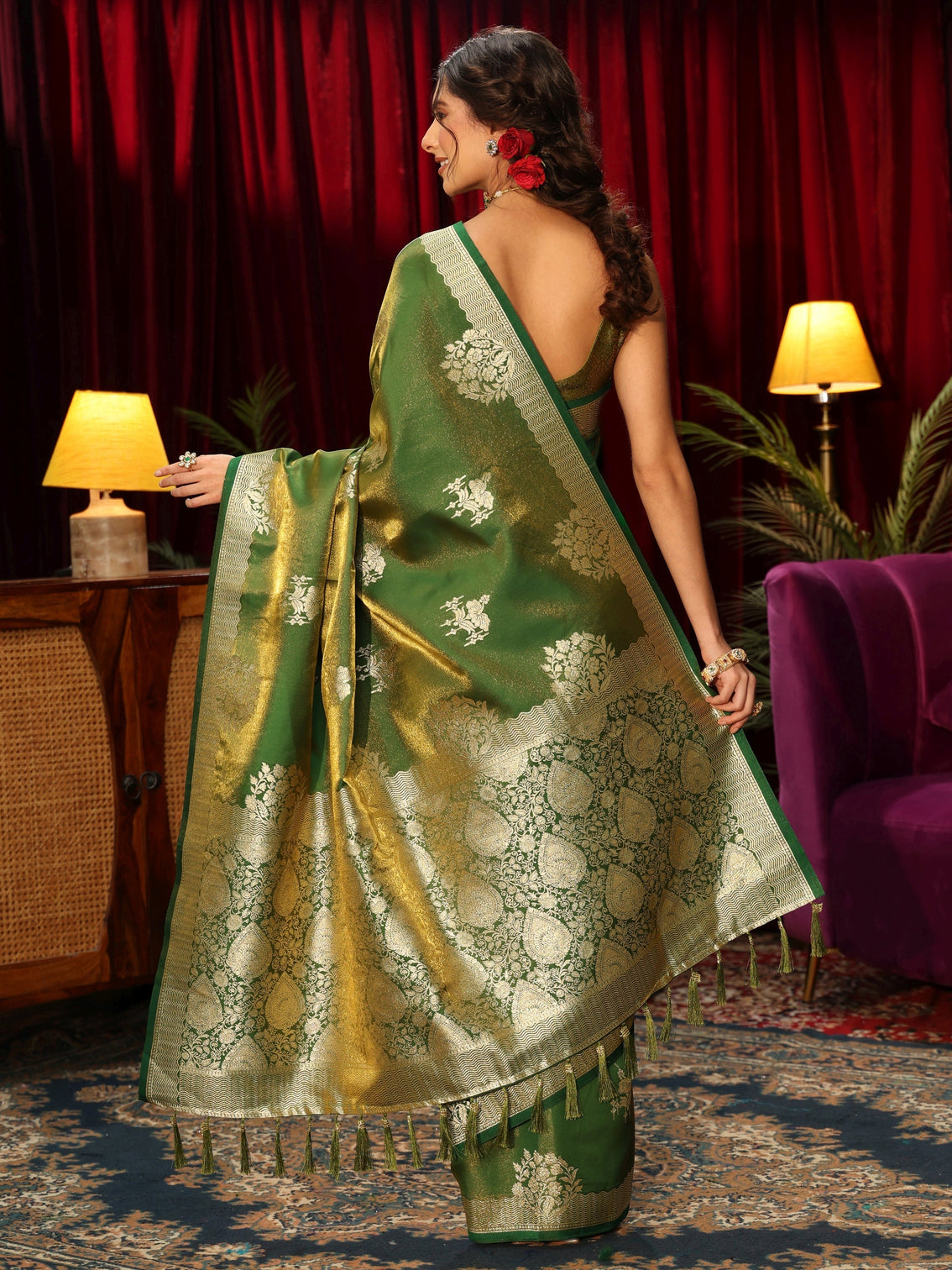 Mameraa Olive Green Floral Woven Design Satin Saree