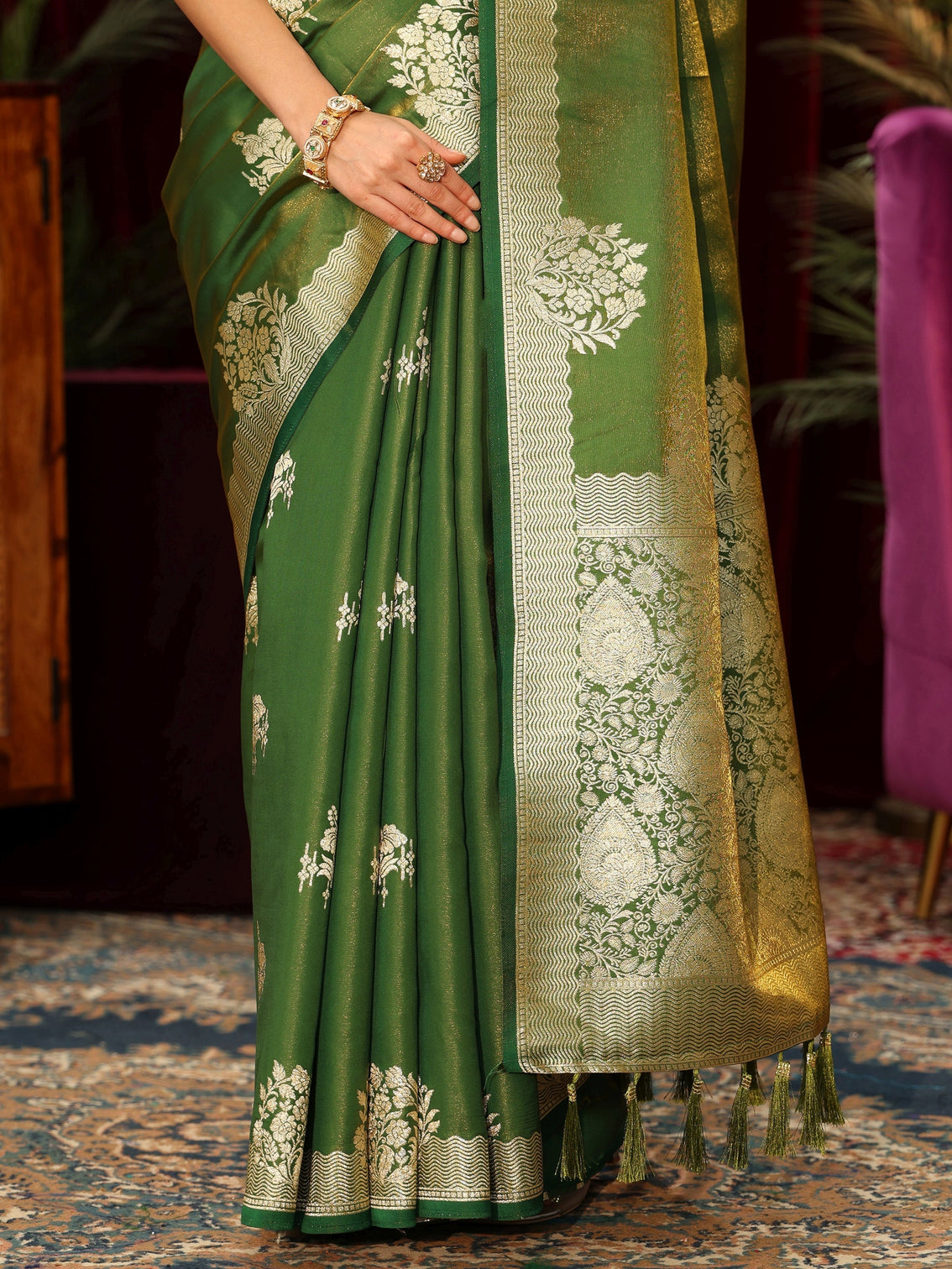 Mameraa Olive Green Floral Woven Design Satin Saree
