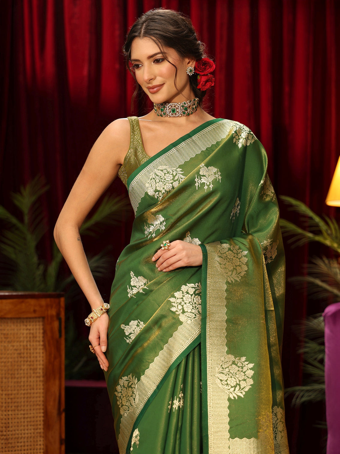 Mameraa Olive Green Floral Woven Design Satin Saree