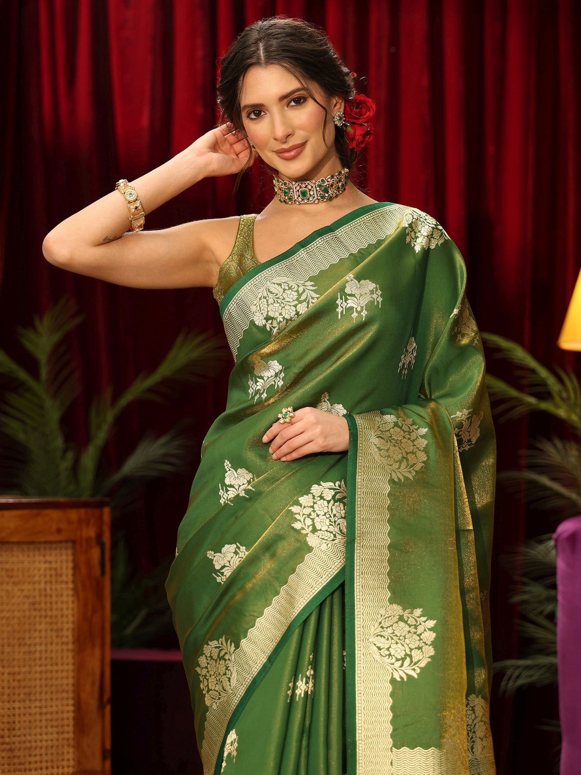 Mameraa Olive Green Floral Woven Design Satin Saree
