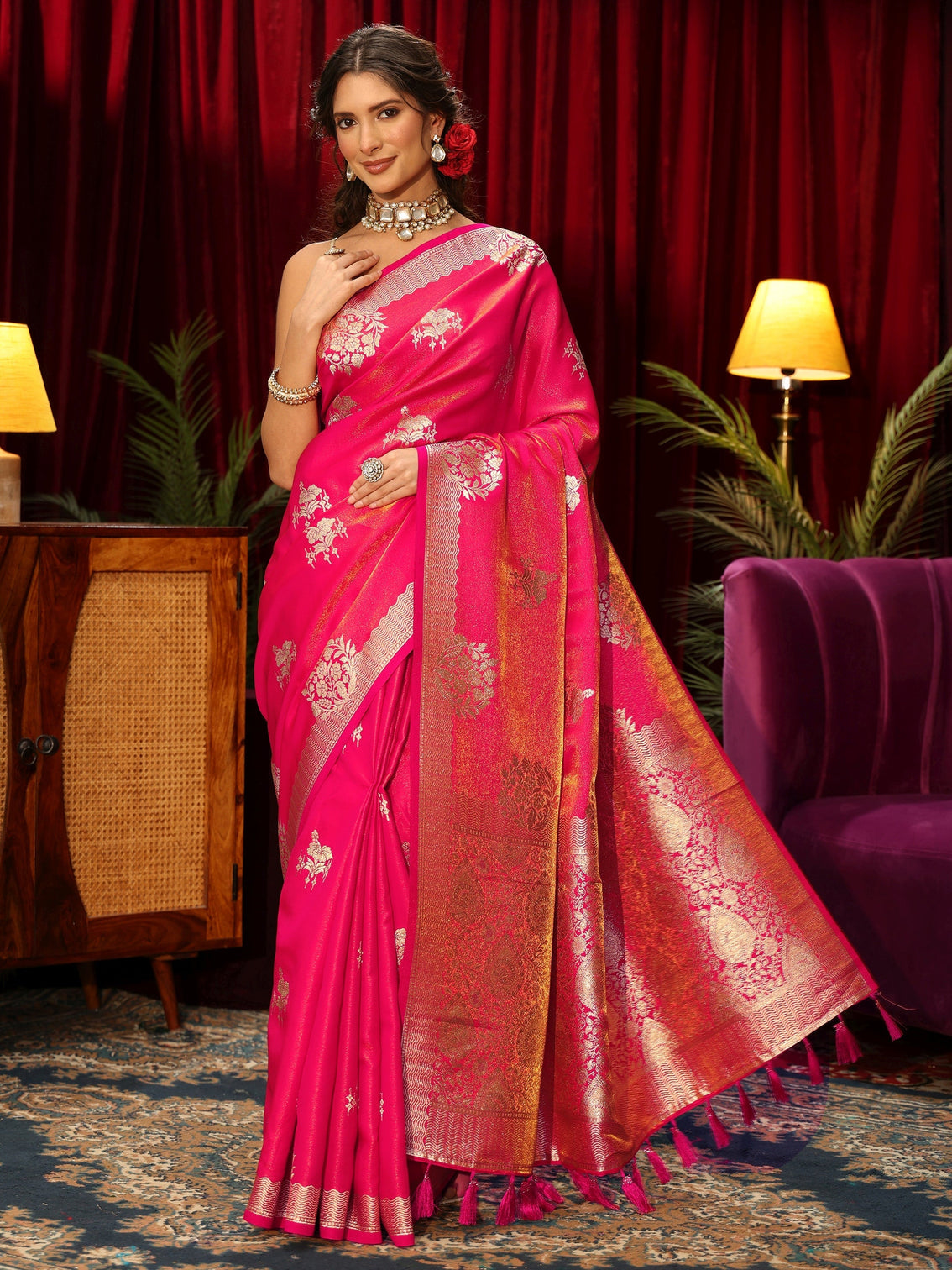 Mameraa Fuchsia Pink Floral Woven Design Satin Saree
