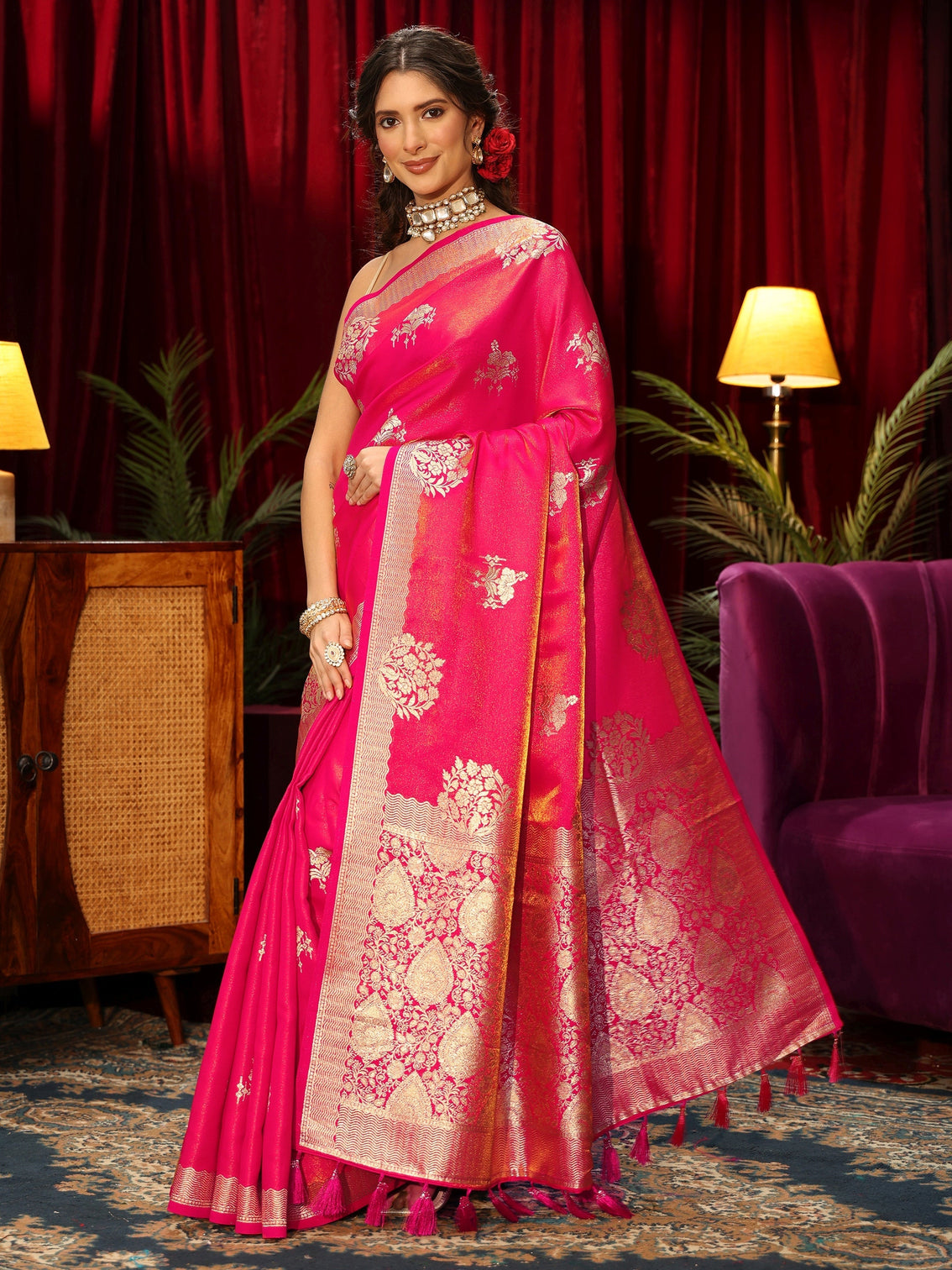Mameraa Fuchsia Pink Floral Woven Design Satin Saree