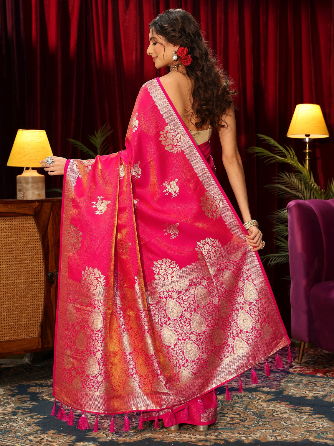 Mameraa Fuchsia Pink Floral Woven Design Satin Saree