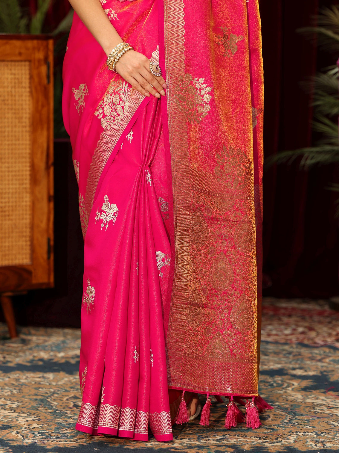 Mameraa Fuchsia Pink Floral Woven Design Satin Saree