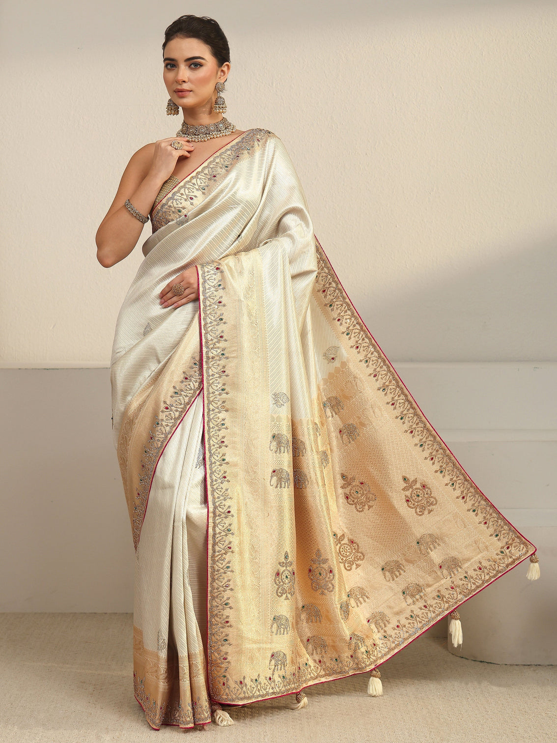 Mameraa Art Cream Embellished Silk Blend Tassel Saree