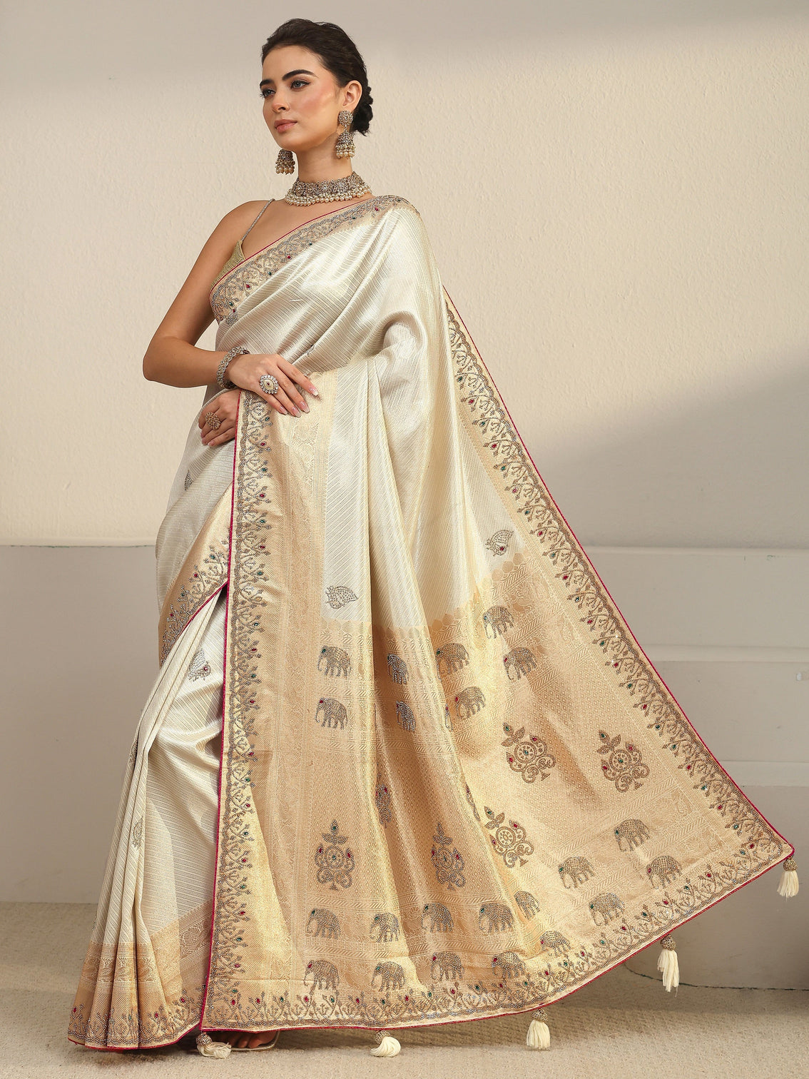 Mameraa Art Cream Embellished Silk Blend Tassel Saree
