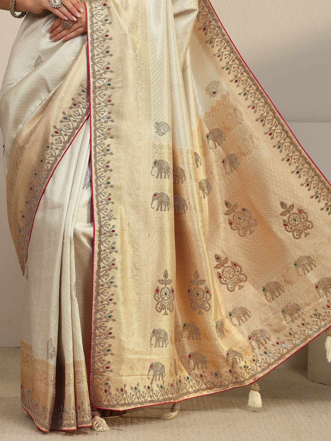 Mameraa Art Cream Embellished Silk Blend Tassel Saree