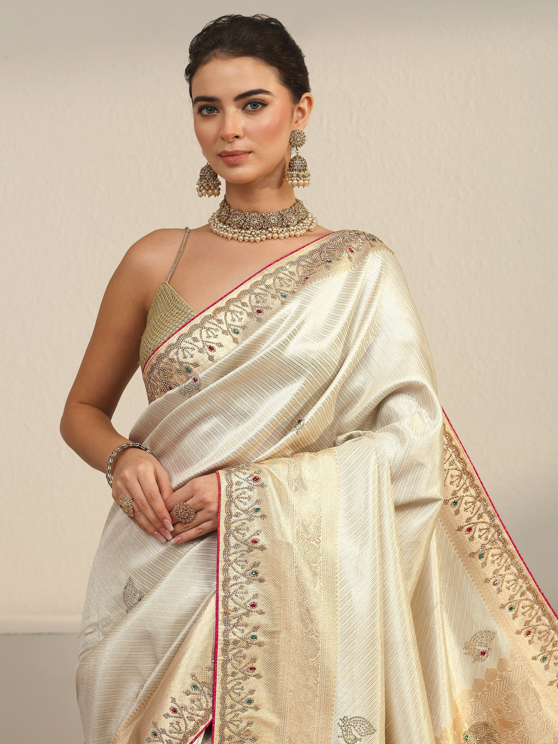 Mameraa Art Cream Embellished Silk Blend Tassel Saree