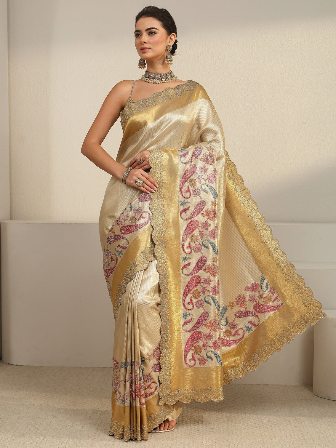 Mameraa Art Gold Paisley Embellished Silk Blend Saree