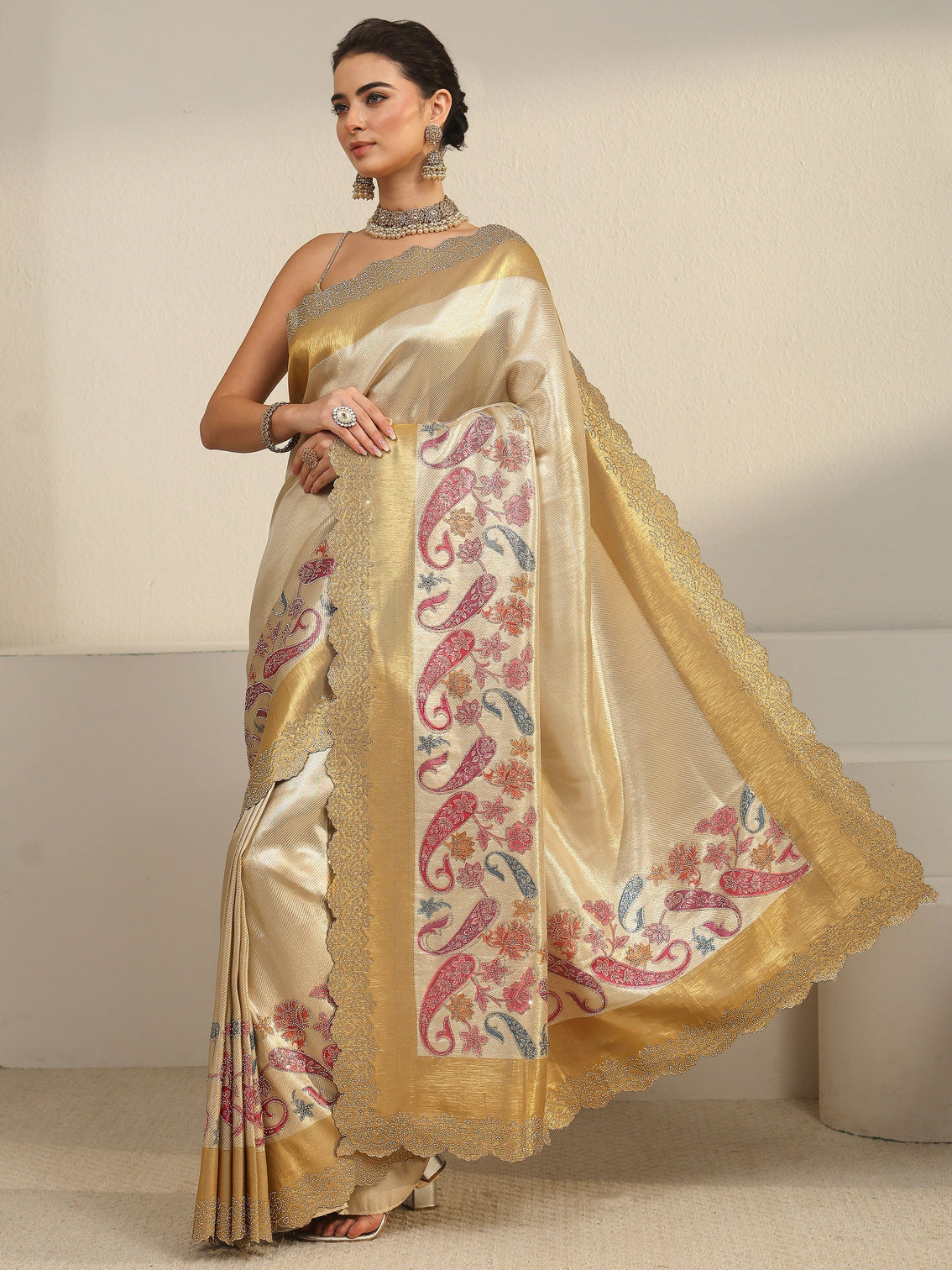 Mameraa Art Gold Paisley Embellished Silk Blend Saree