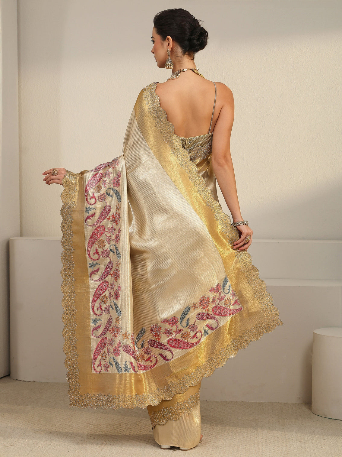 Mameraa Art Gold Paisley Embellished Silk Blend Saree