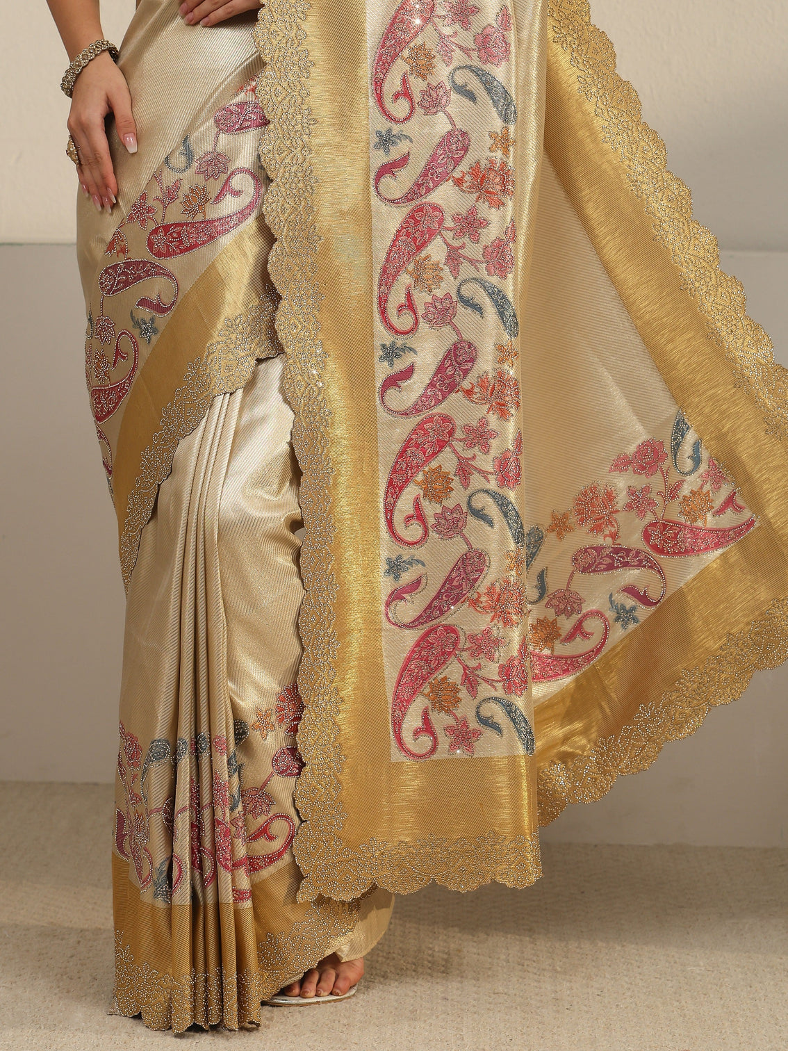 Mameraa Art Gold Paisley Embellished Silk Blend Saree