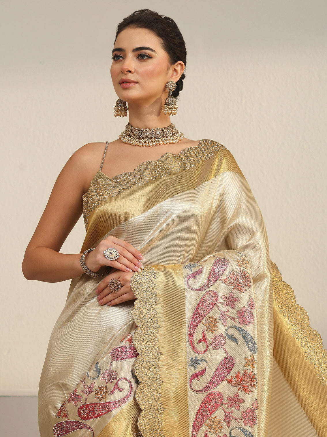 Mameraa Art Gold Paisley Embellished Silk Blend Saree