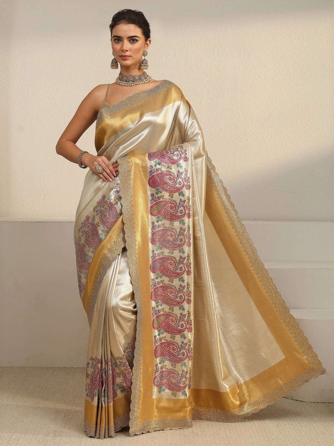 Mameraa Art Gold Paisley Embellished Silk Blend Saree