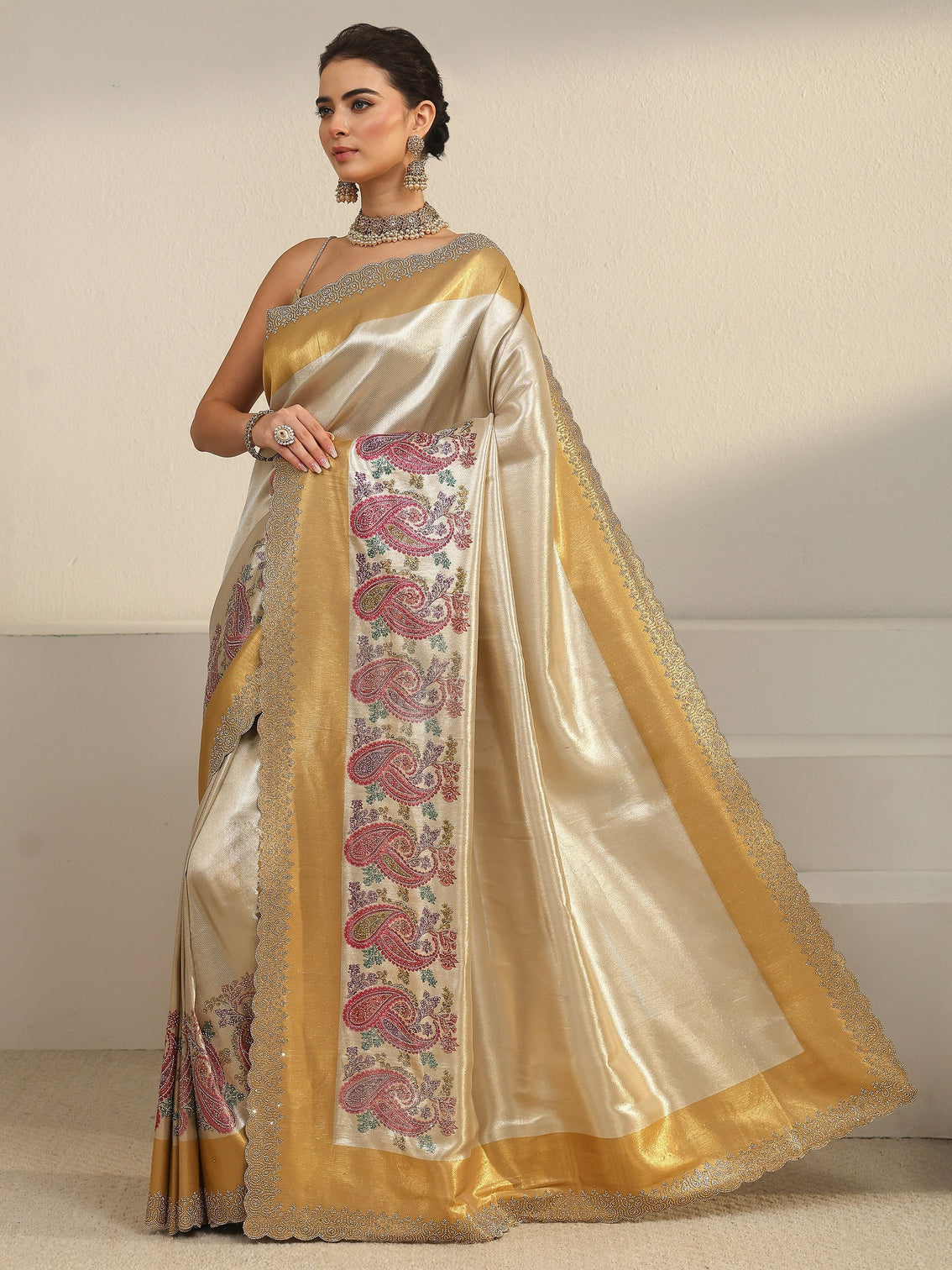 Mameraa Art Gold Paisley Embellished Silk Blend Saree